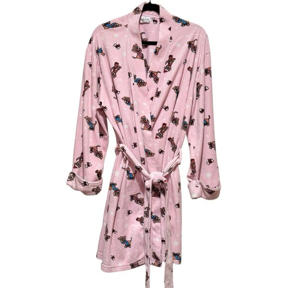 I. Appel Dog Print Fleece Pink Knee Length Belted Robe Womens Size Large - Picture 5 of 10